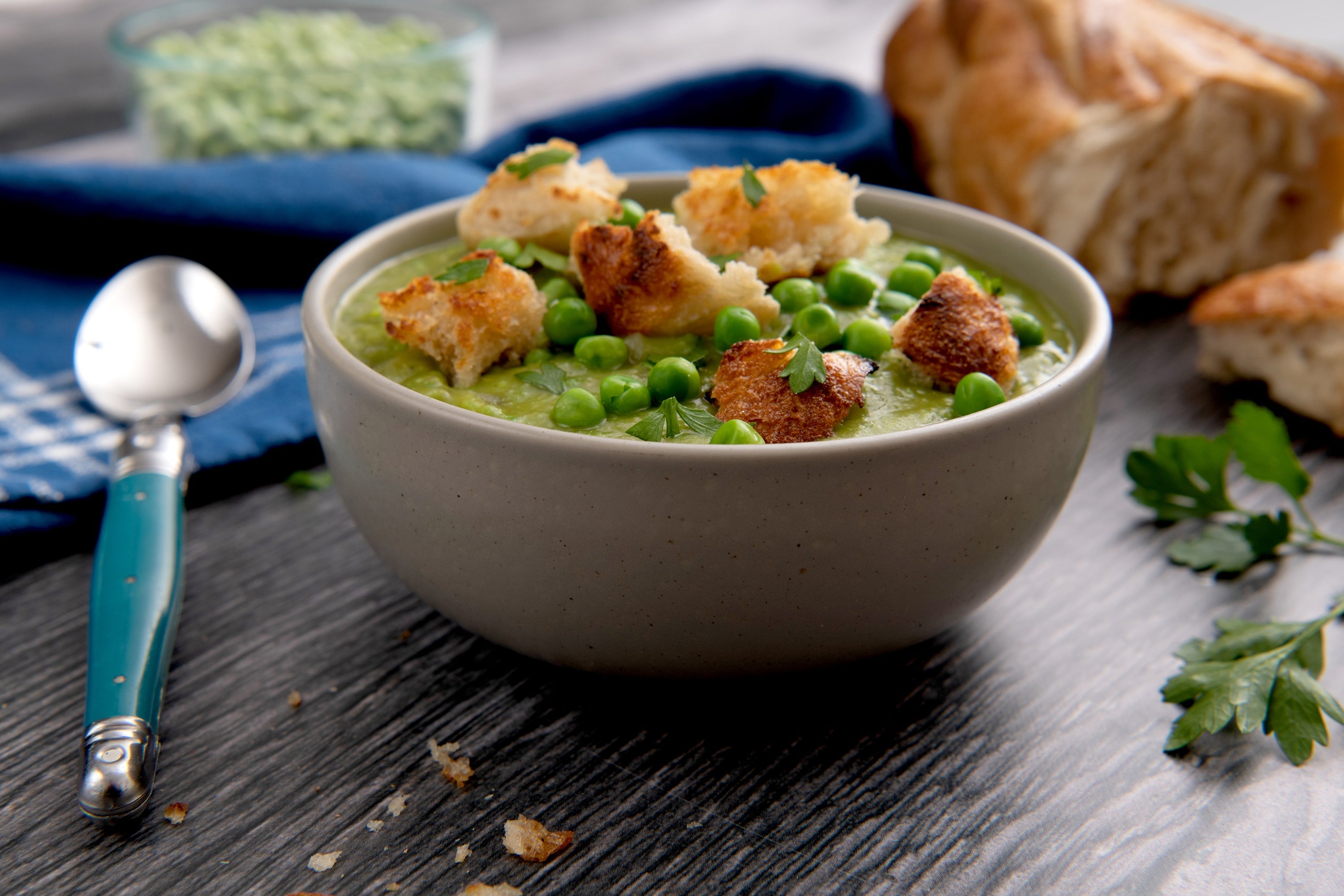 Green pea soup with buttered croutons recipe